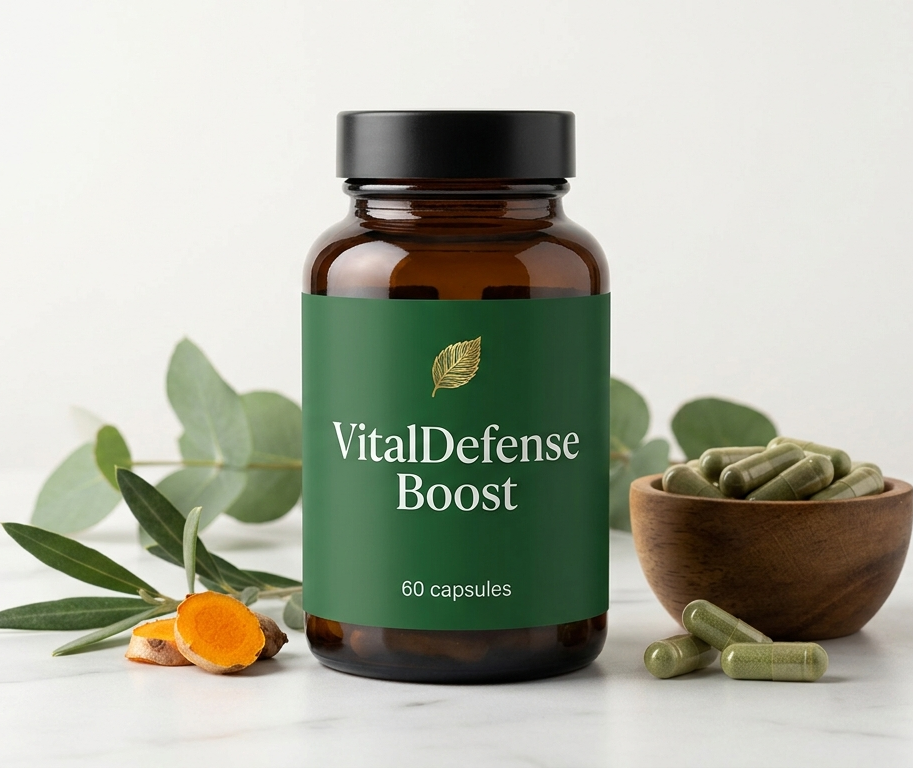 VitalDefense Boost – vitaminski kompleks v stekleni embalaži na naravnem ozadju